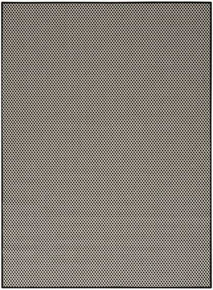 Beige diamond-pattern rug with black border; fine woven texture (6' x 9').