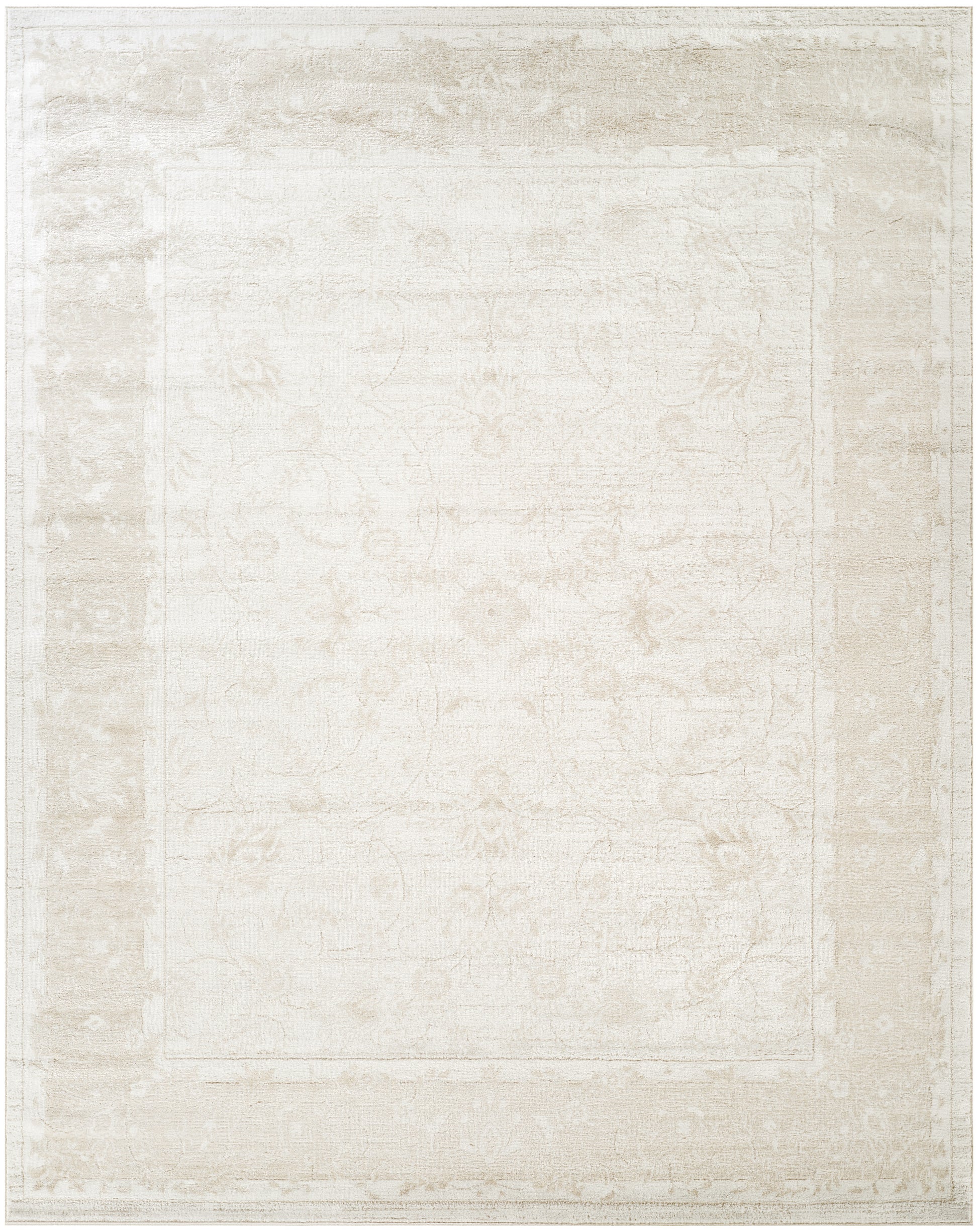 Ivory distressed traditional rug with a faded floral medallion and layered border.