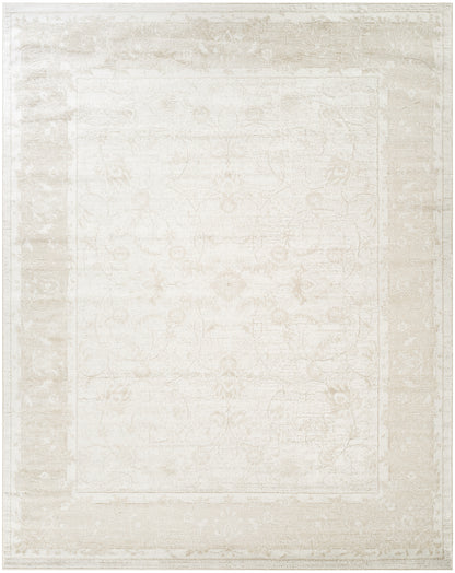 Ivory distressed traditional rug with a faded floral medallion and layered border.