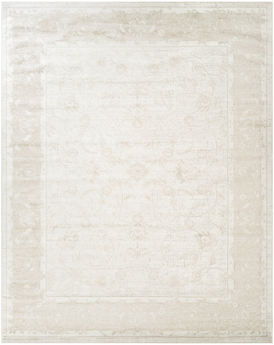 Ivory distressed traditional rug with a faded floral medallion and layered border.