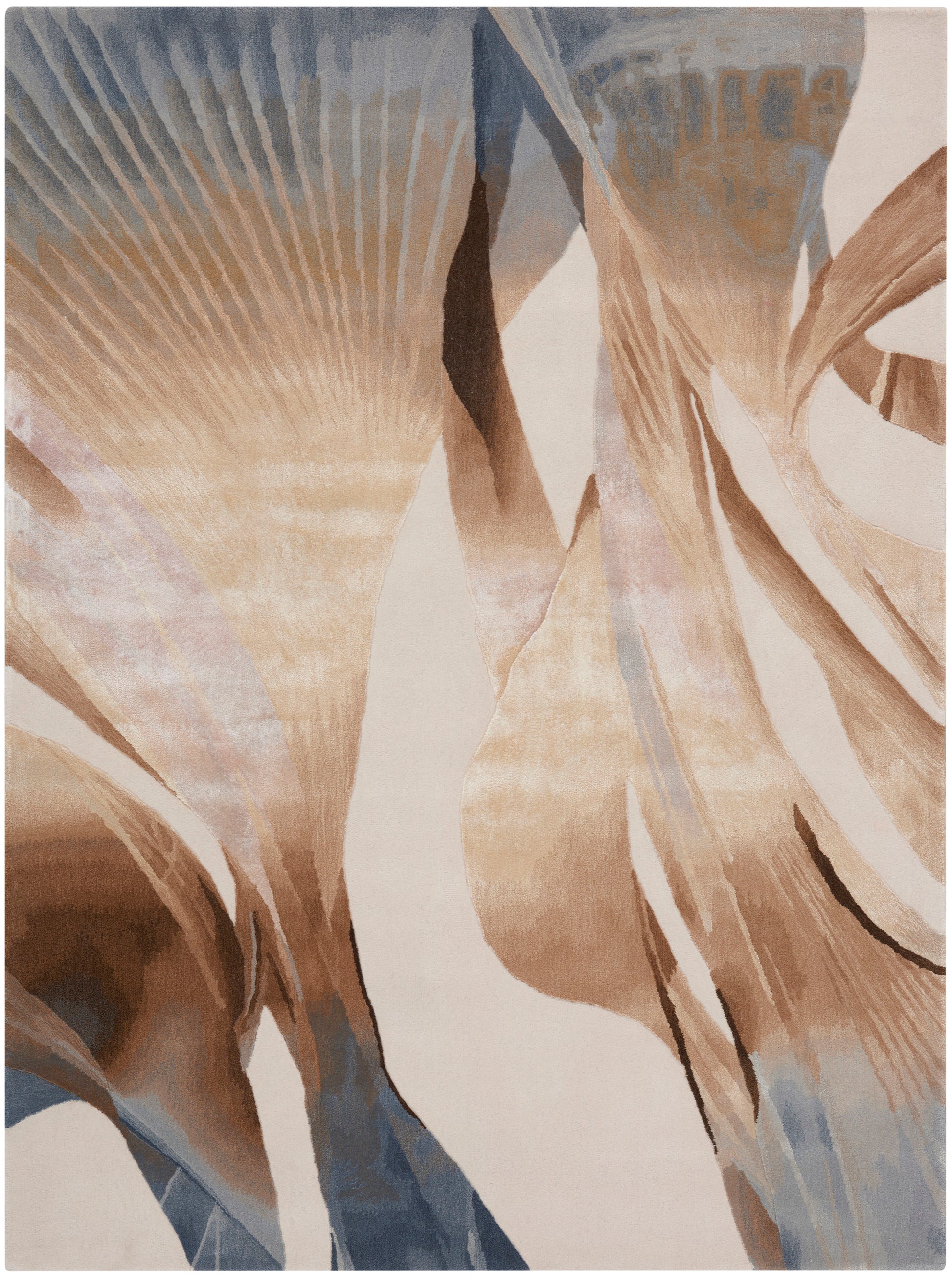 Abstract beige, tan and blue rug with flowing organic shapes; modern, art-inspired decor for living room.