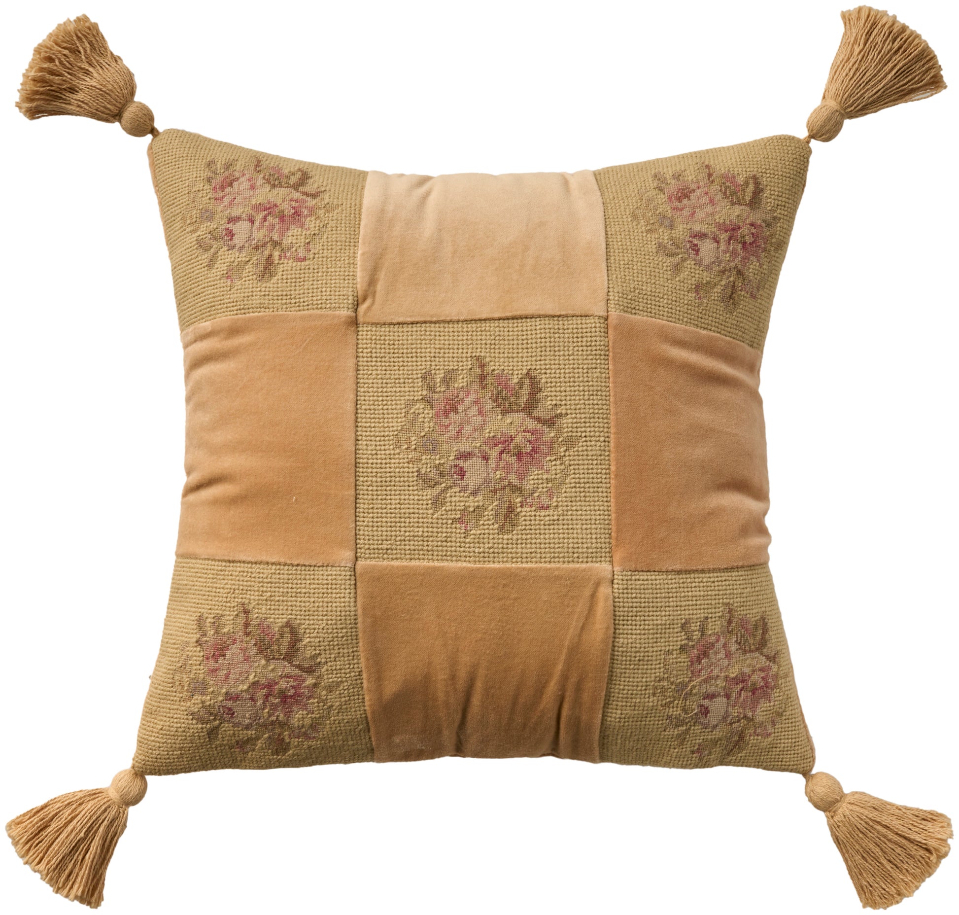 Patchwork square decorative rug with orange velvet and woven taupe blocks, floral embroidery, and tassels at each corner, 18" x 18