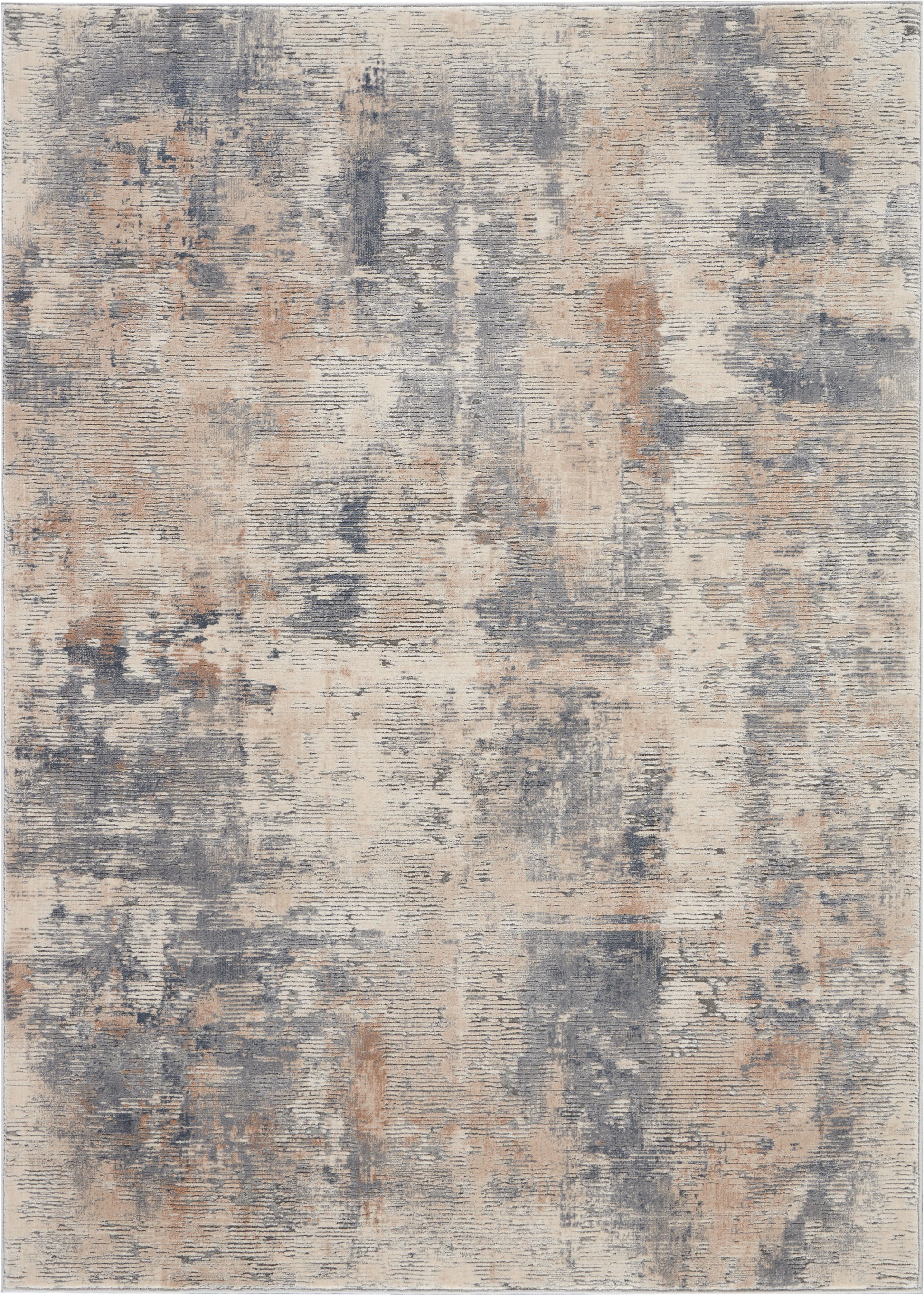 Abstract distressed area rug with muted blue-gray, beige and peach tones; rectangular, modern low-pile style.