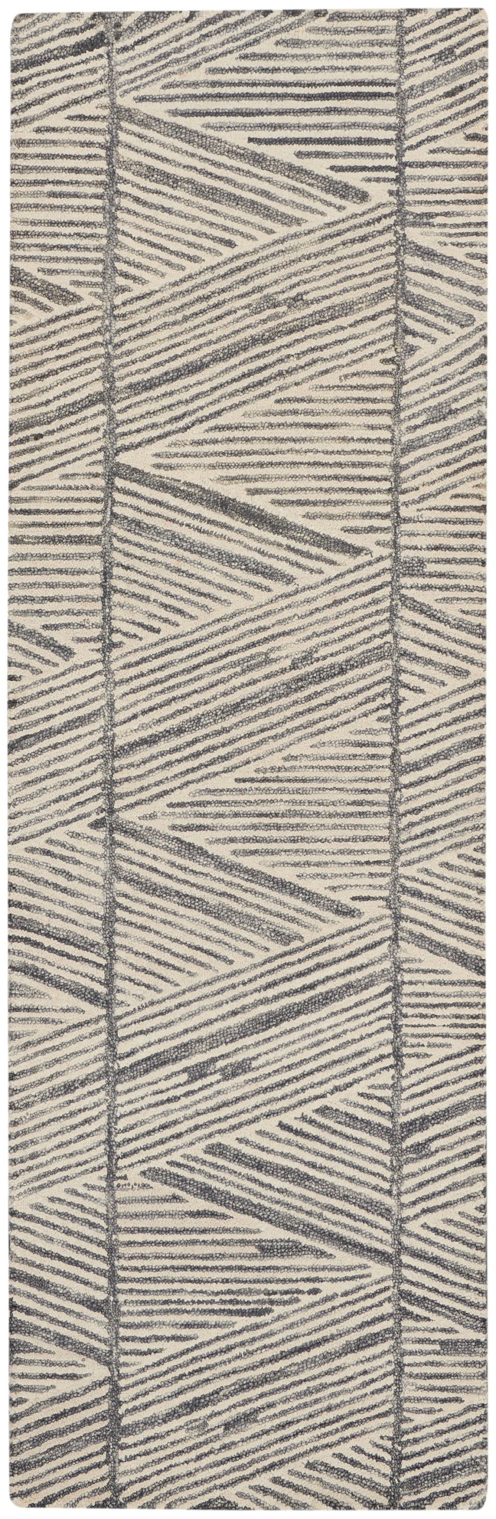Beige 8' runner rug with dark gray geometric chevron pattern and woven texture.