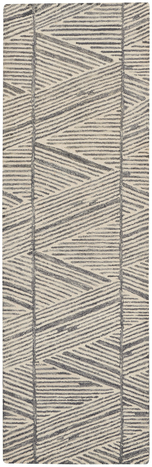 Beige 8' runner rug with dark gray geometric chevron pattern and woven texture.