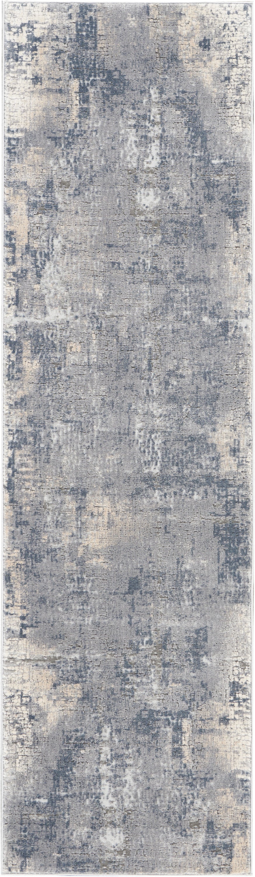Blue-gray distressed abstract runner rug with beige highlights; modern low-pile hallway rug.