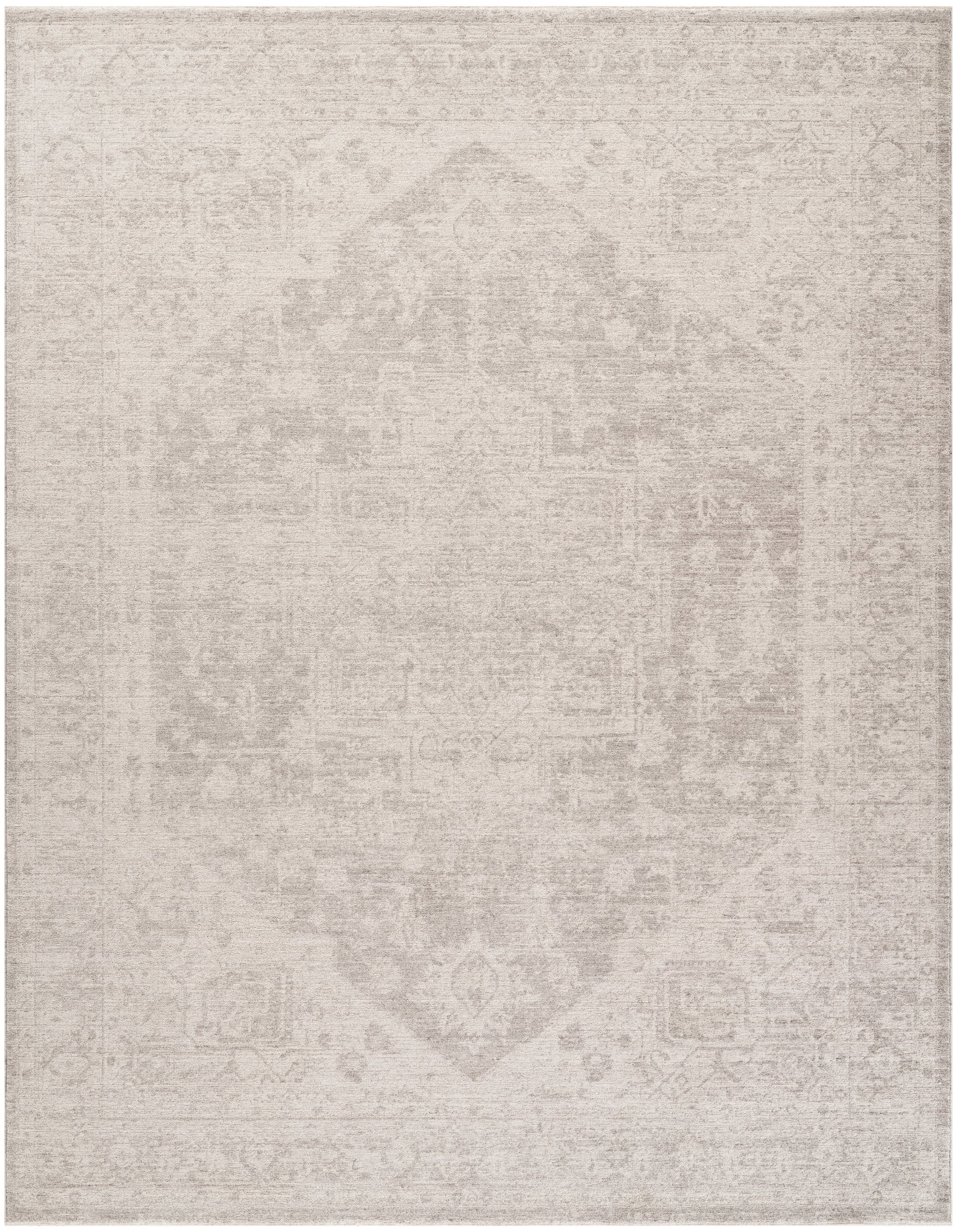 Light beige distressed oriental rug with a faded central medallion and subtle ornate border.