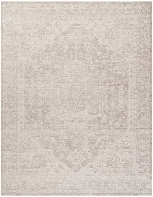 Light beige distressed oriental rug with a faded central medallion and subtle ornate border.