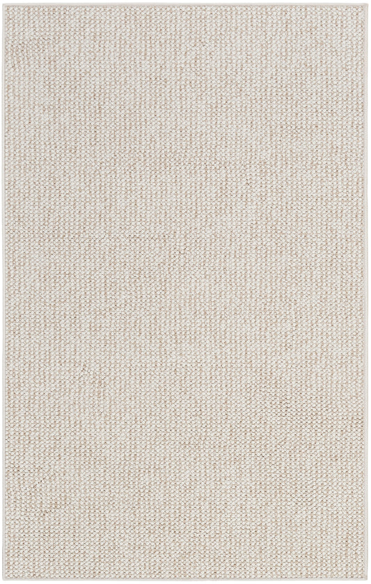 Beige textured woven rug with small looped pile in cream, rectangular flat-weave style.
