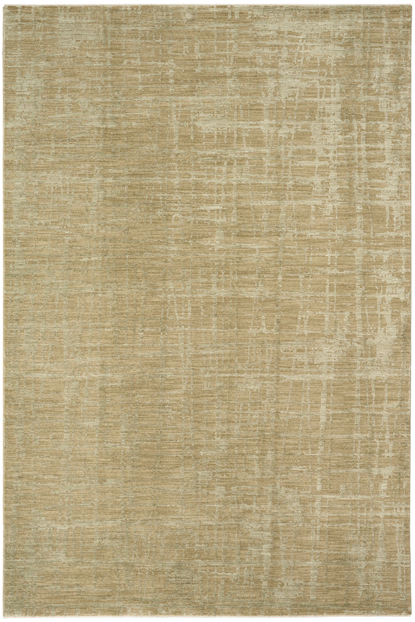 Beige-toned distressed area rug with subtle grid-like pattern; warm neutral palette and soft texture.