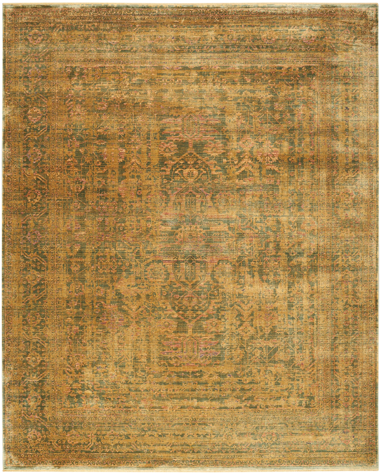 Distressed oriental rug with warm amber-gold hues, olive and rust tones; ornate central medallion and bordered pattern.