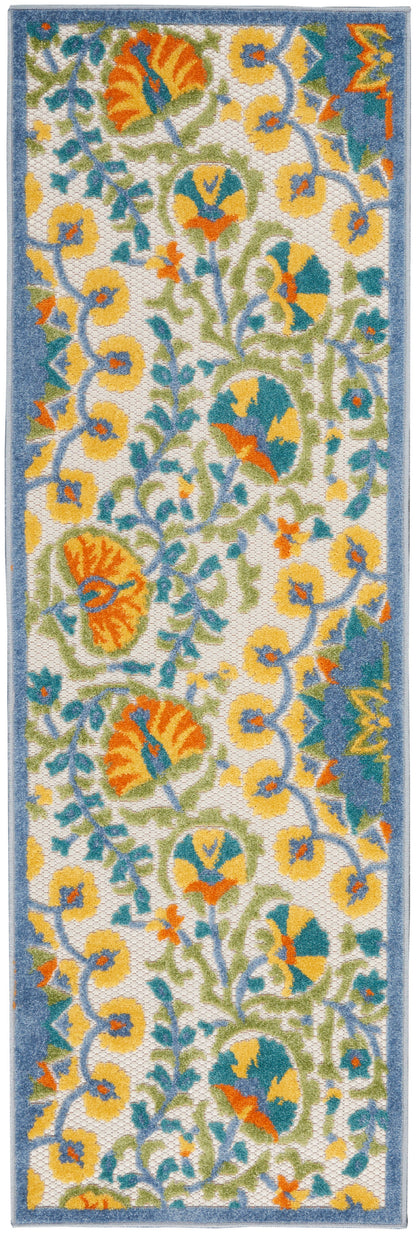 Floral hallway runner rug with blue border, ivory field, yellow/orange blossoms and teal-green vines.
