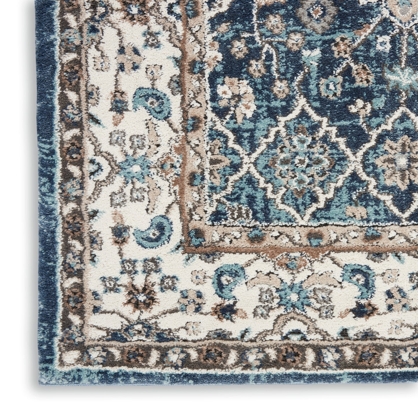 Blue, ivory, and brown oriental rug with ornate floral & medallion border; plush woven area rug for living room.