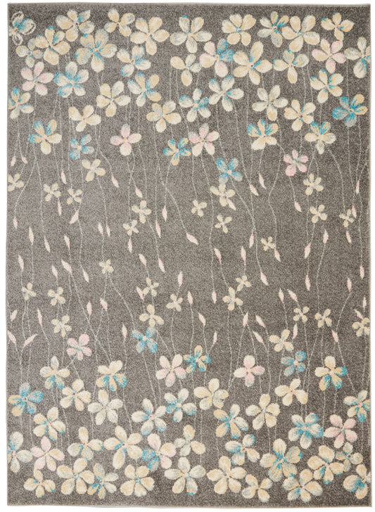 Gray floral area rug with cream, pink, and blue flowers on slender stems; soft textured pile.
