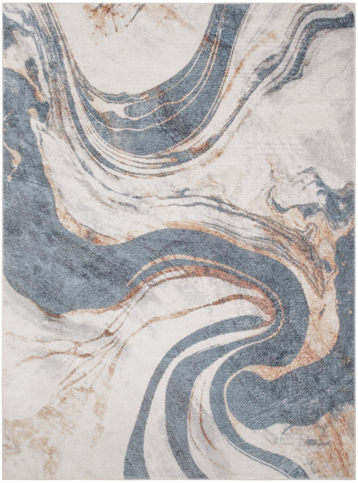 Abstract marbled area rug in blue, beige and ivory tones with flowing swirls; modern decor for living room.