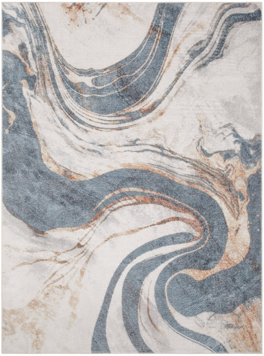Abstract marbled area rug in blue, beige and ivory tones with flowing swirls; modern decor for living room.