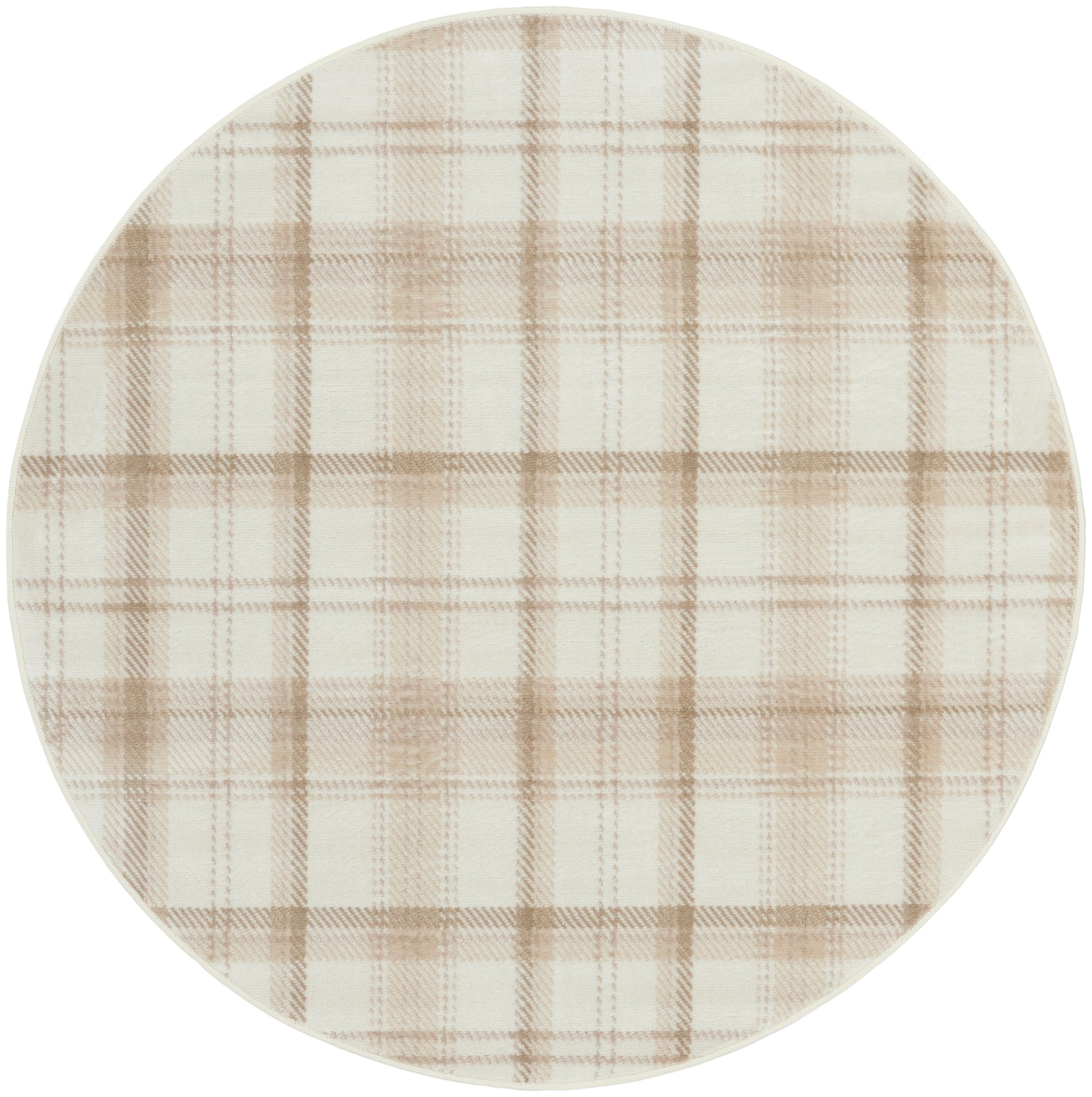 Round ceramic plate with beige plaid pattern on white glaze, casual rustic dinnerware.