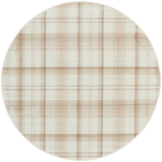 Round ceramic plate with beige plaid pattern on white glaze, casual rustic dinnerware.