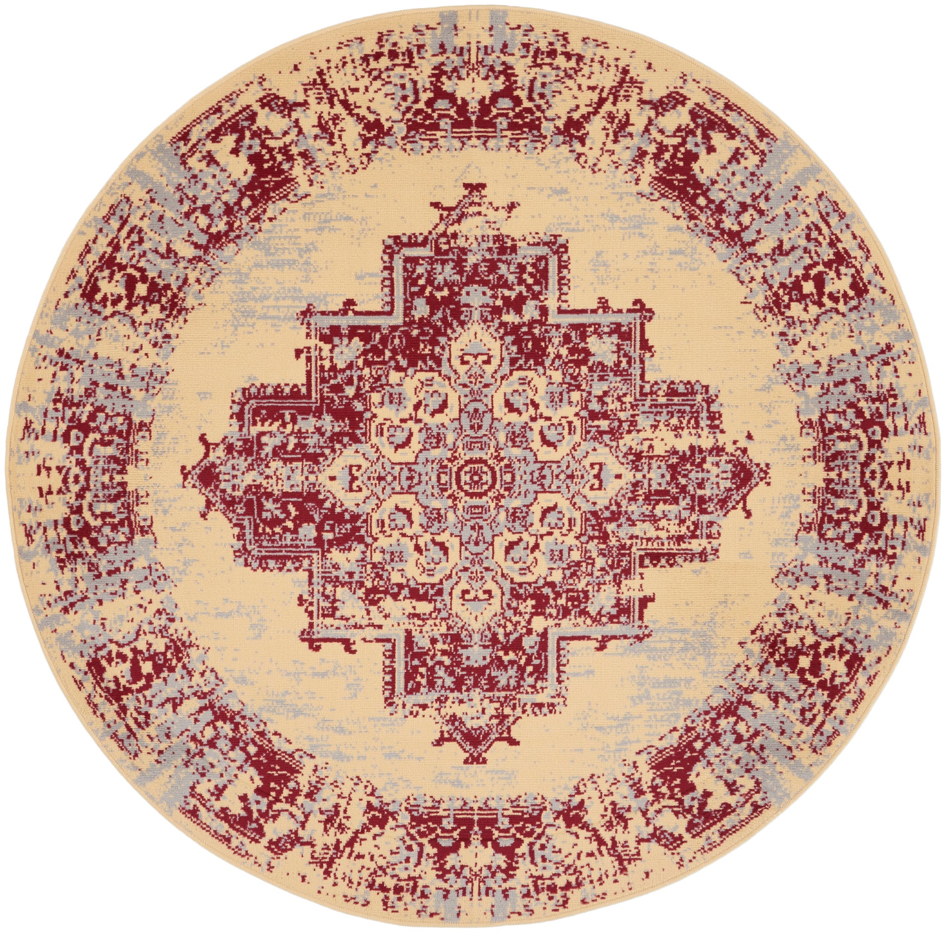 Round distressed beige area rug with red geometric medallion and pale blue-gray accents.