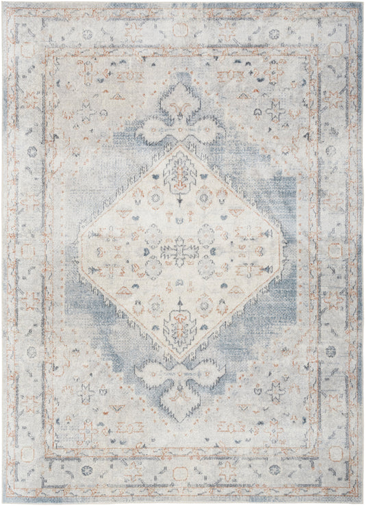 Vintage distressed area rug in pale blue and ivory with a central diamond medallion and ornate floral border