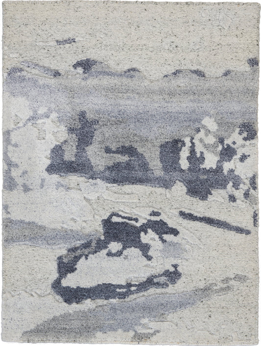 Abstract blue-gray and ivory area rug with watercolor-like shapes; plush, modern decor accent.