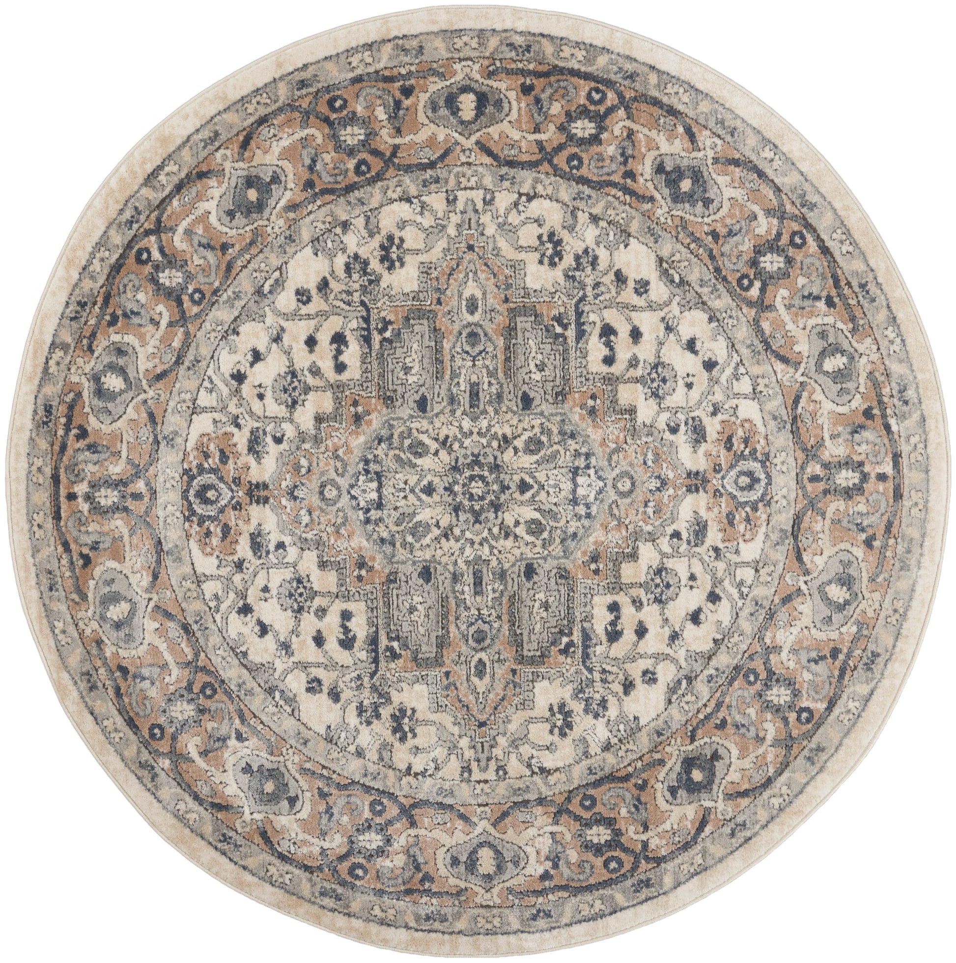 Round farmhouse-style rug with ornate floral medallion & scrolling border in beige, gray, and blue tones.