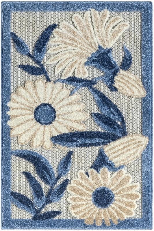Rectangular rug with blue border, cream daisies and dark blue leaves in a textured beige weave.