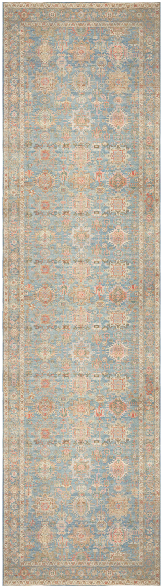 Pastel blue and peach vintage-inspired Persian-style runner rug with ivory motifs and decorative border.