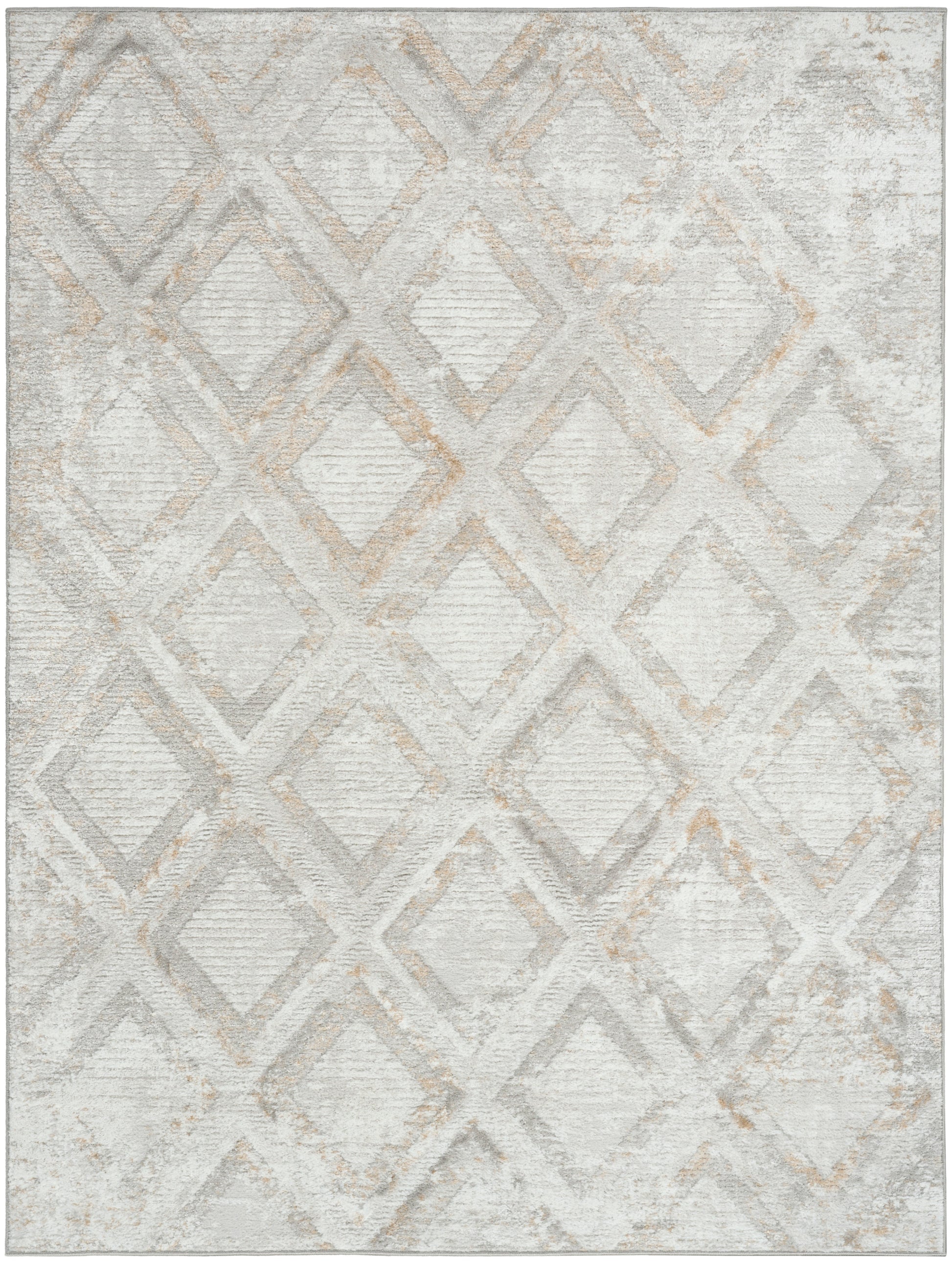 Neutral distressed area rug with a cream and light gray diamond lattice pattern and soft woven texture.