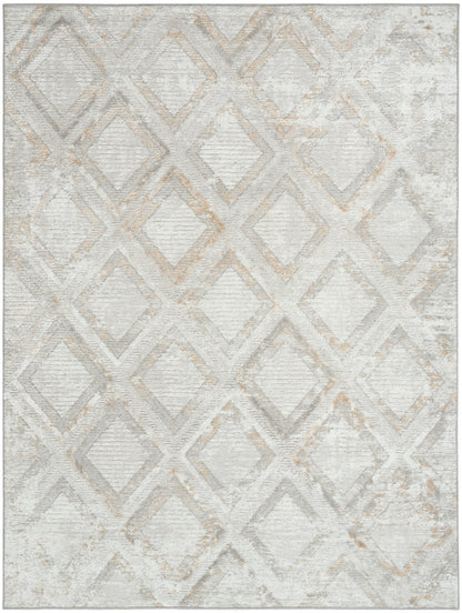 Neutral distressed area rug with a cream and light gray diamond lattice pattern and soft woven texture.