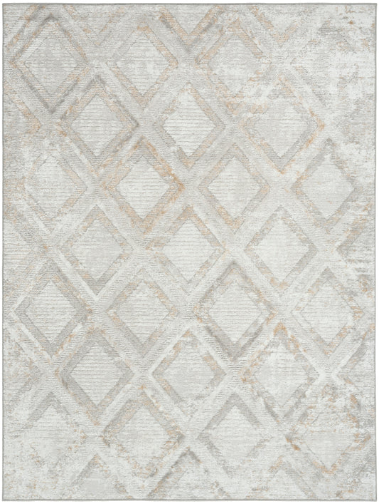 Neutral distressed area rug with a cream and light gray diamond lattice pattern and soft woven texture.