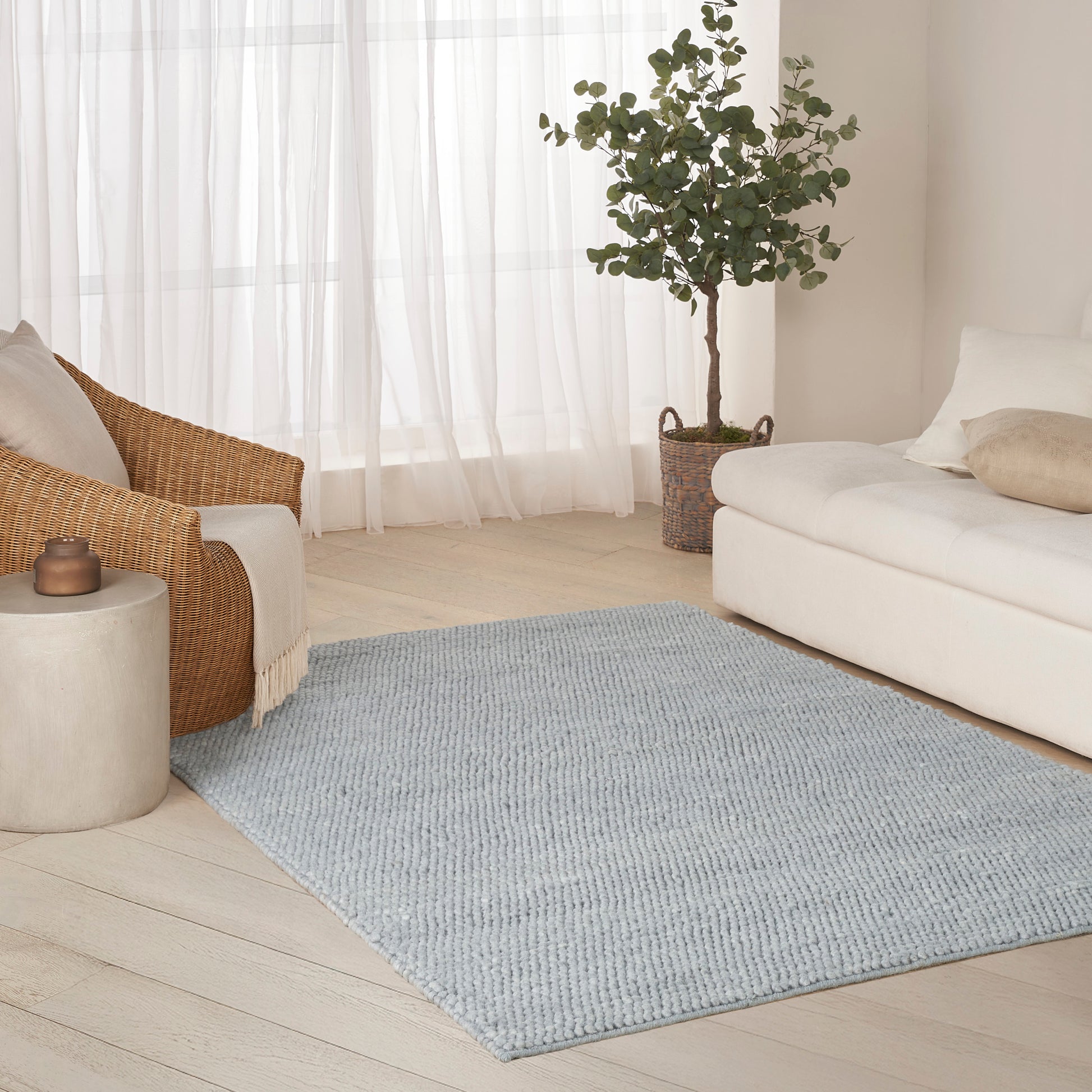 Light blue textured area rug in a bright living room with white sofa, wicker chair, sheer curtains and potted plant.