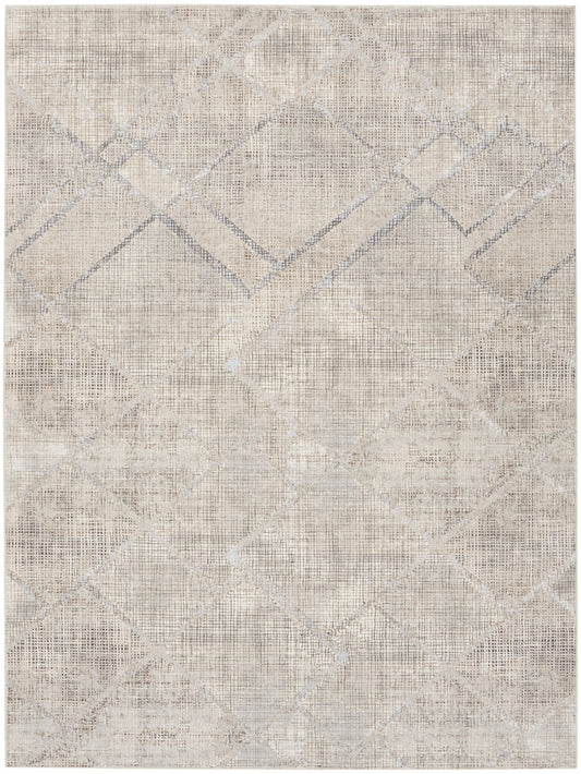 Neutral beige geometric area rug with faded diamond lattice pattern and distressed woven texture.
