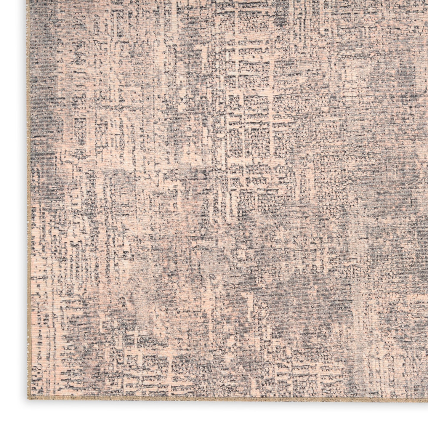Gray and beige distressed woven area rug with abstract textured pattern.