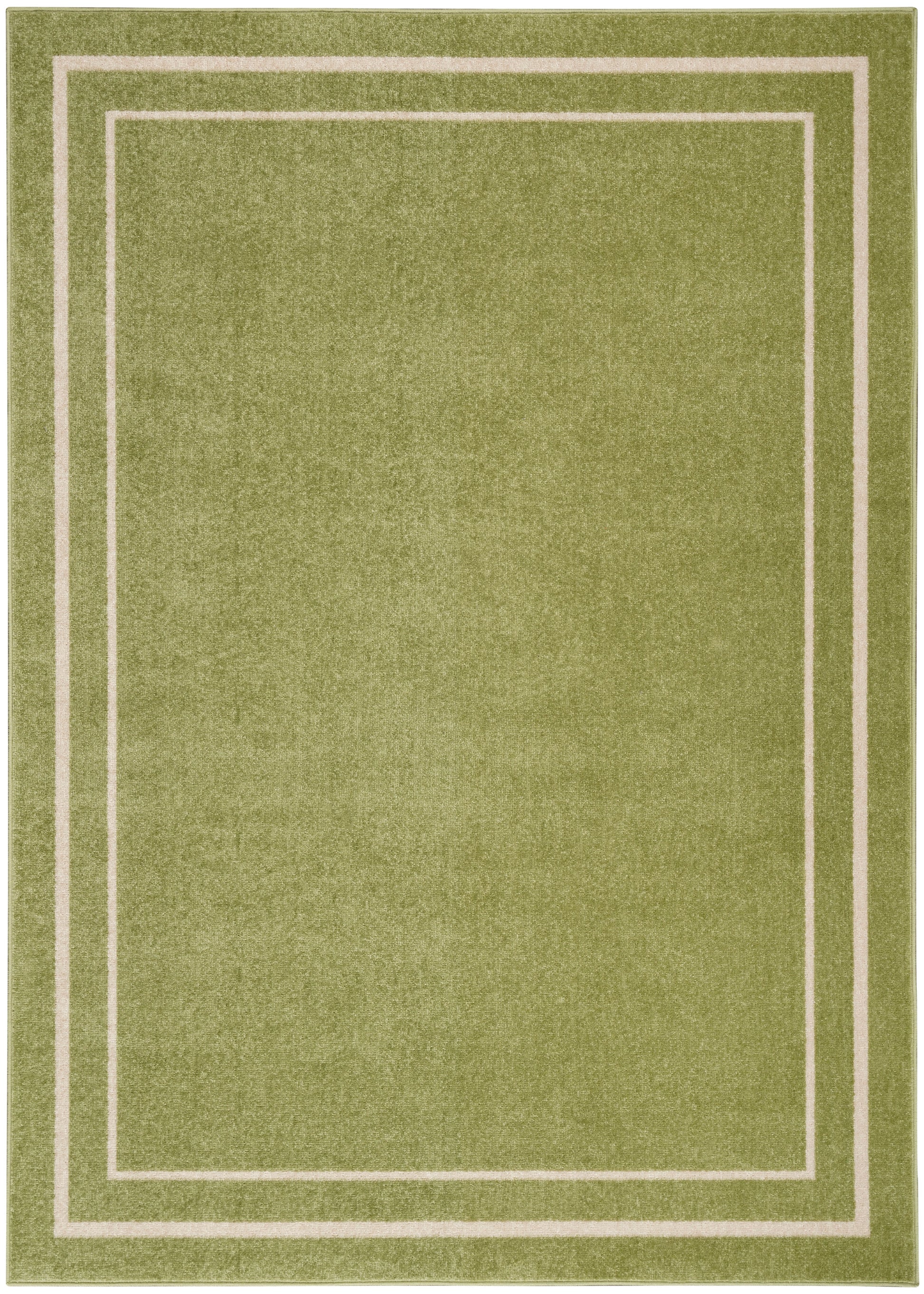 Olive green area rug with cream double border outlining inner rectangles; plush, modern rectangular decor.