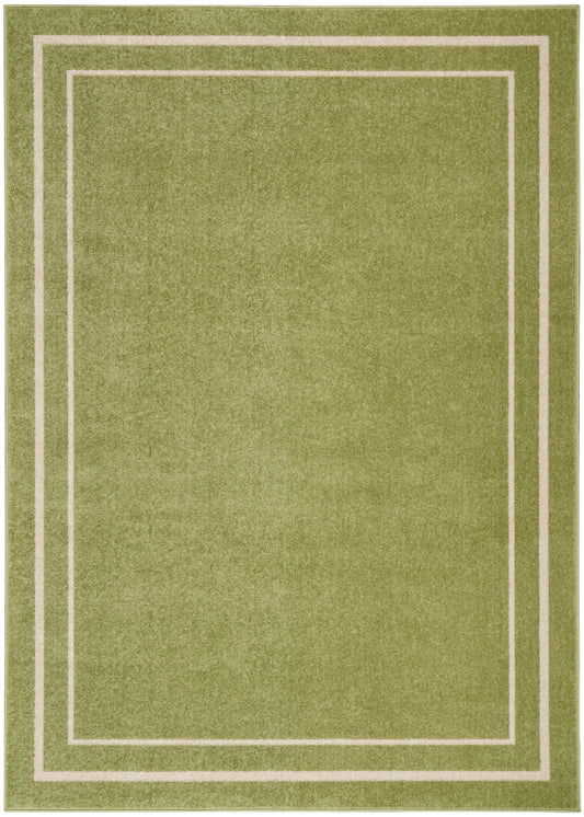 Olive green area rug with cream double border outlining inner rectangles; plush, modern rectangular decor.