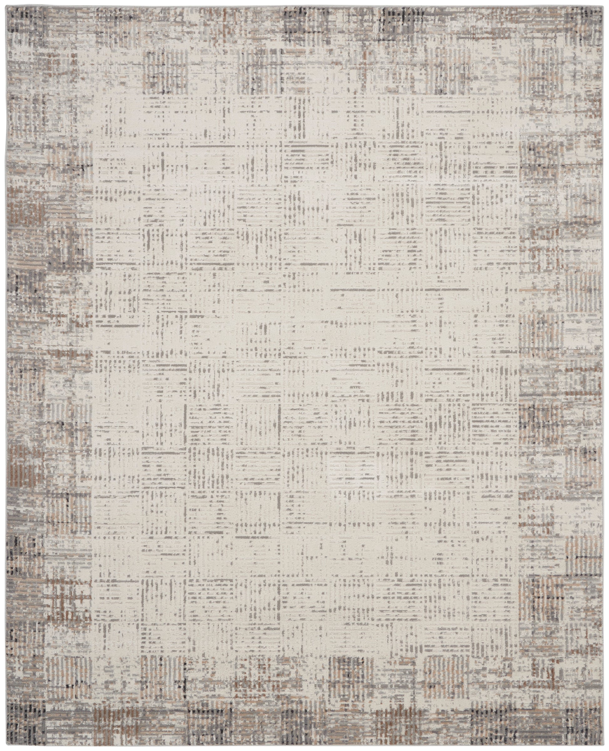 Rectangular beige area rug with a light center and distressed taupe border; subtle woven texture for modern neutral decor.