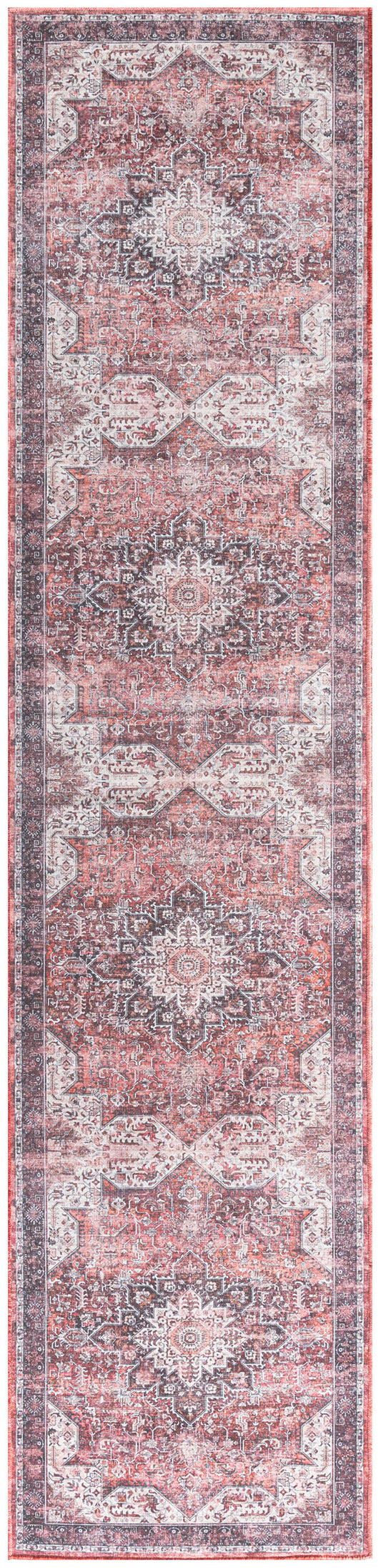 Persian-style runner rug with distressed pink, ivory and charcoal tones; bold medallion center and ornate border.