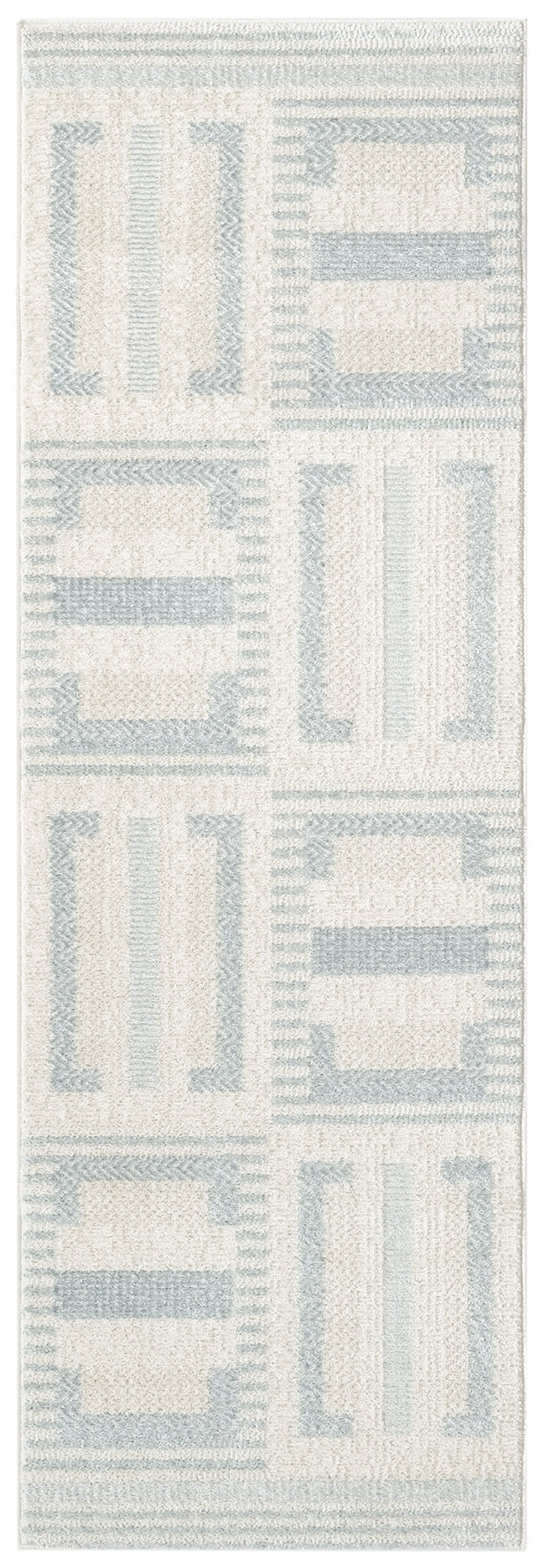 Ivory and pale blue geometric runner rug with rectangular block patterns and bordered edges.