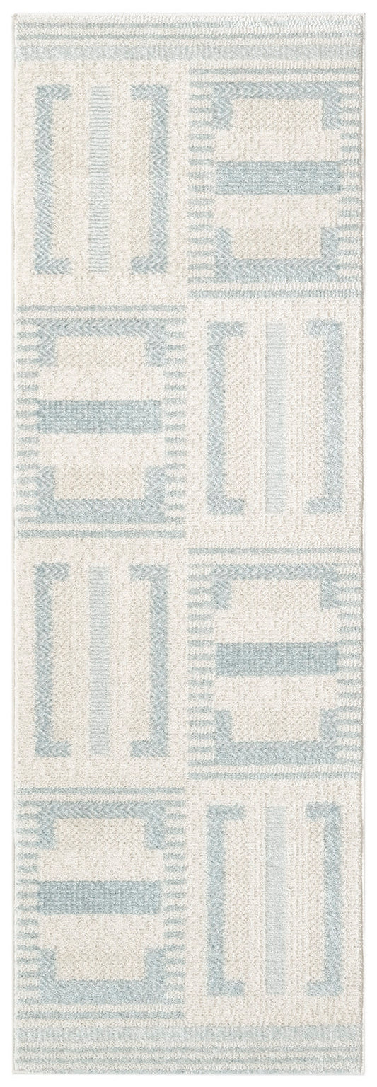 Ivory and pale blue geometric runner rug with rectangular block patterns and bordered edges.
