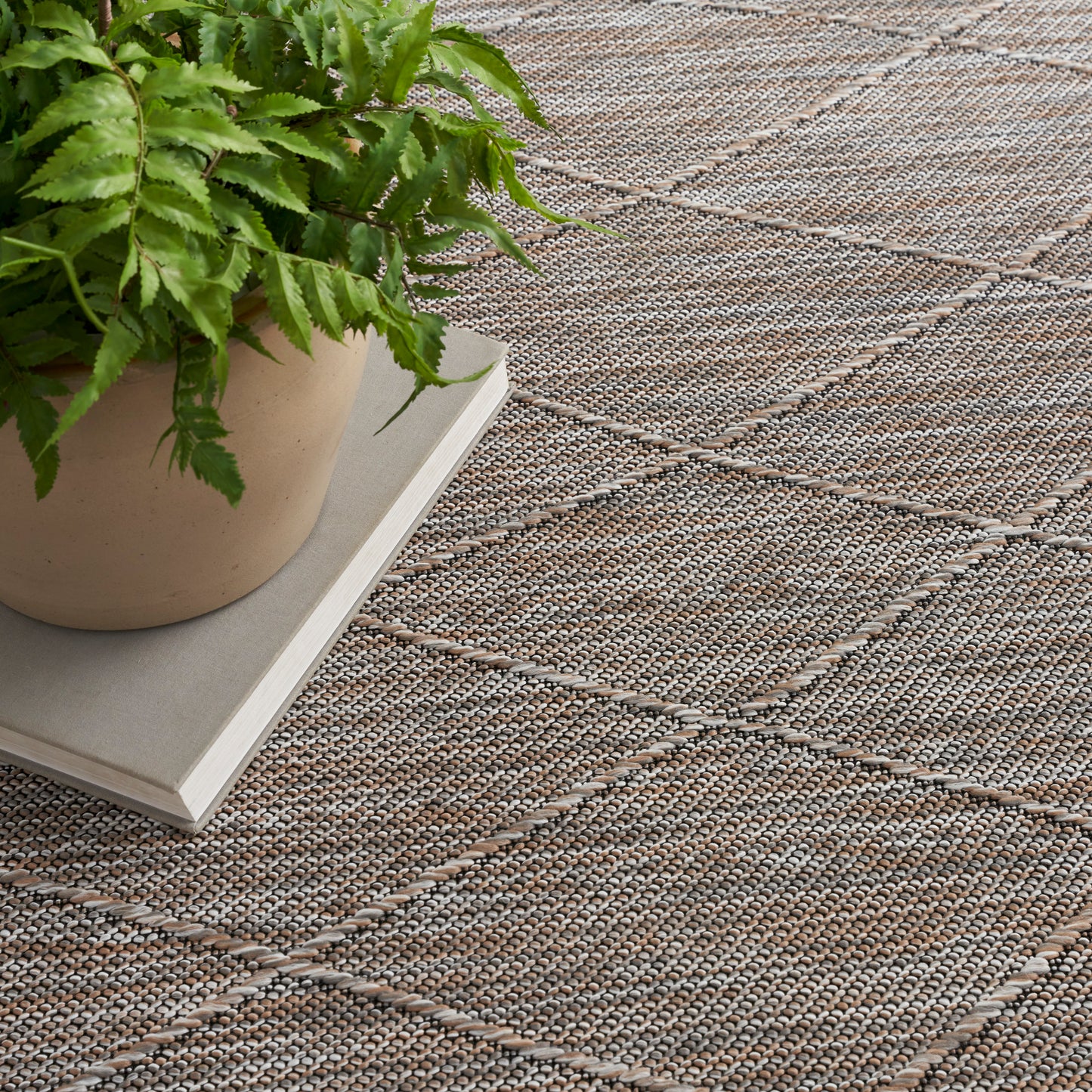 Beige ceramic pot with green fern on a hardcover book, set on a taupe woven rug with a diamond stitch pattern.
