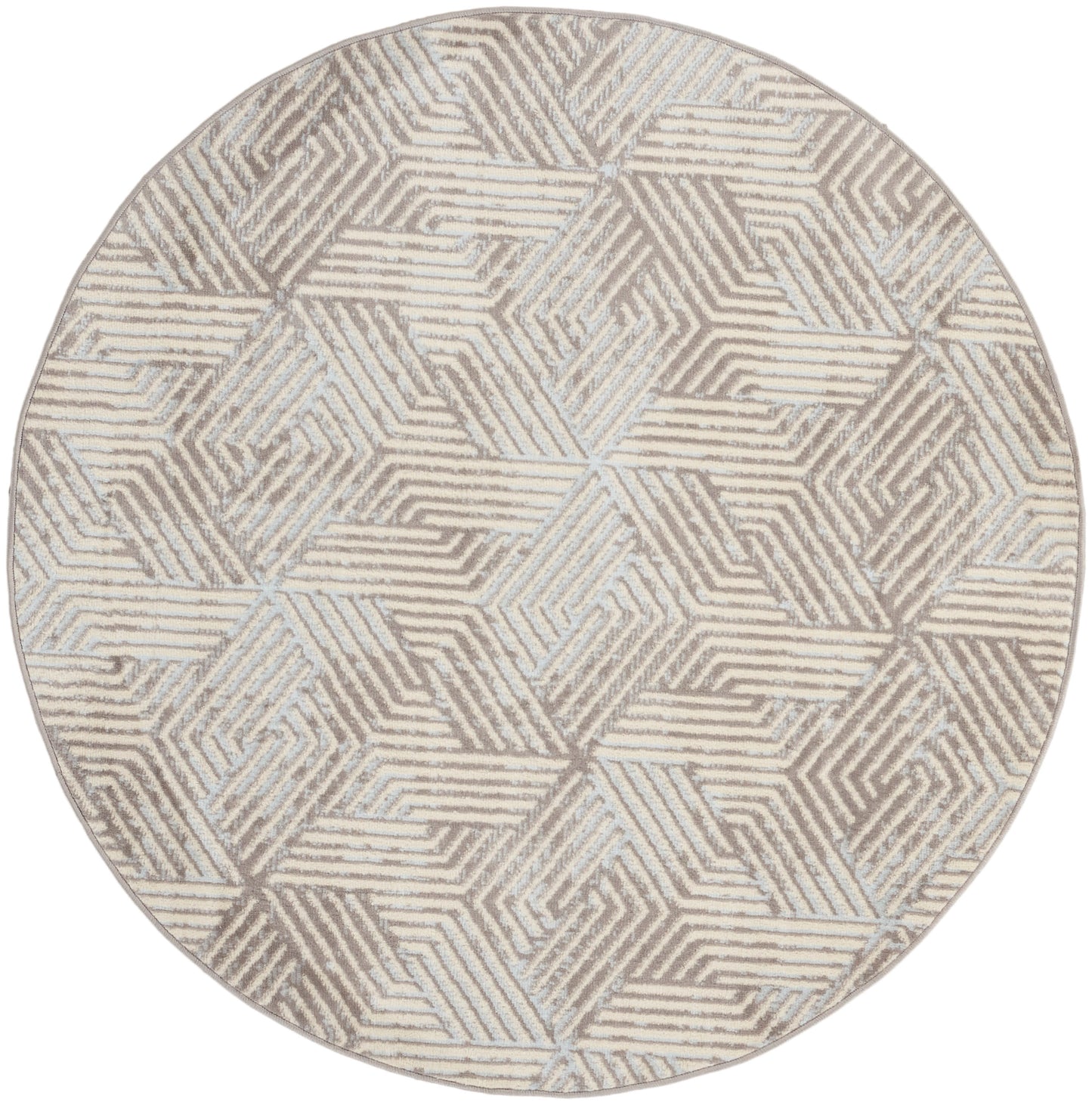 Round beige and taupe rug with geometric interlocking shapes and striped texture for modern decor