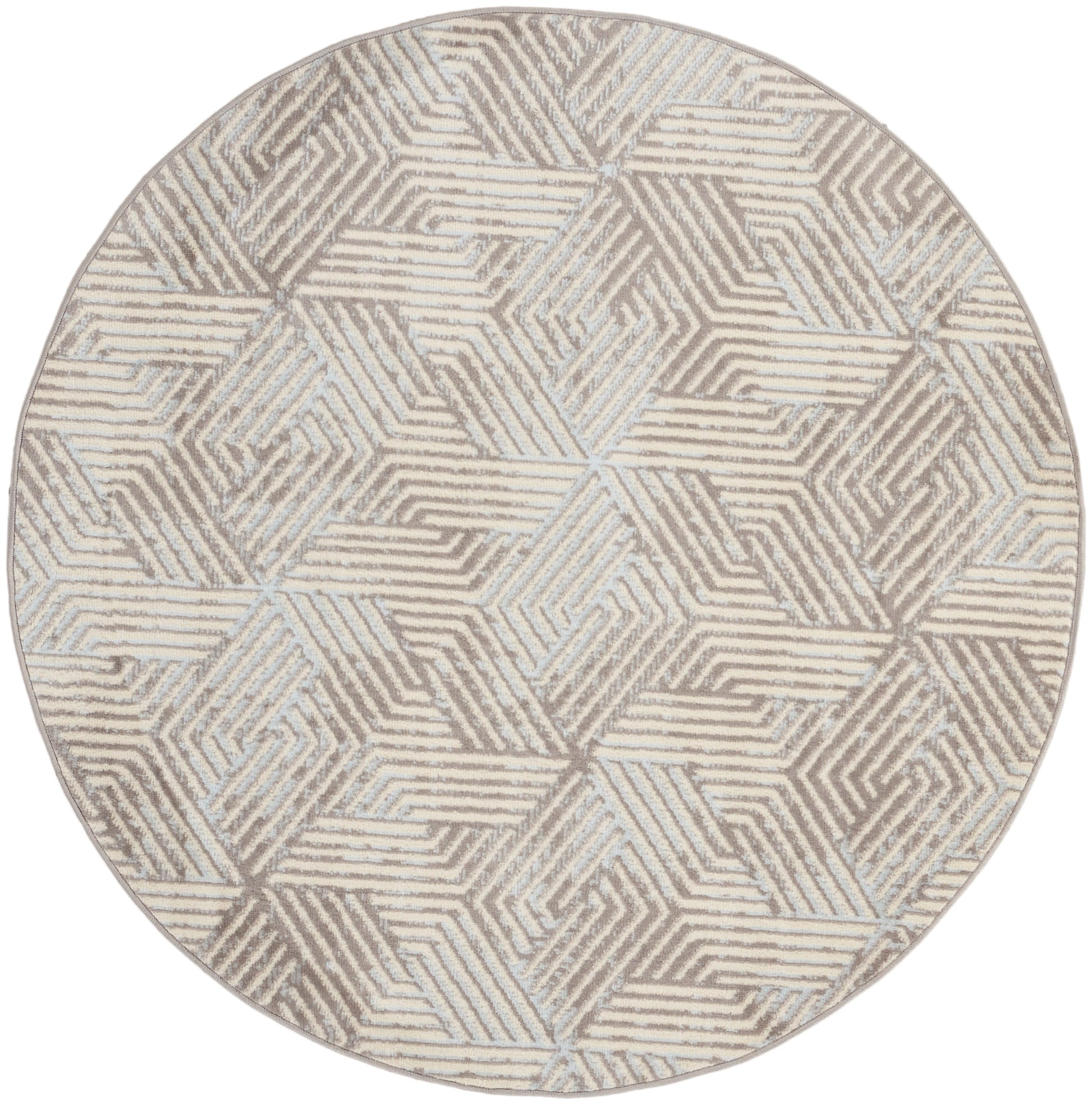 Round beige and taupe rug with geometric interlocking shapes and striped texture for modern decor