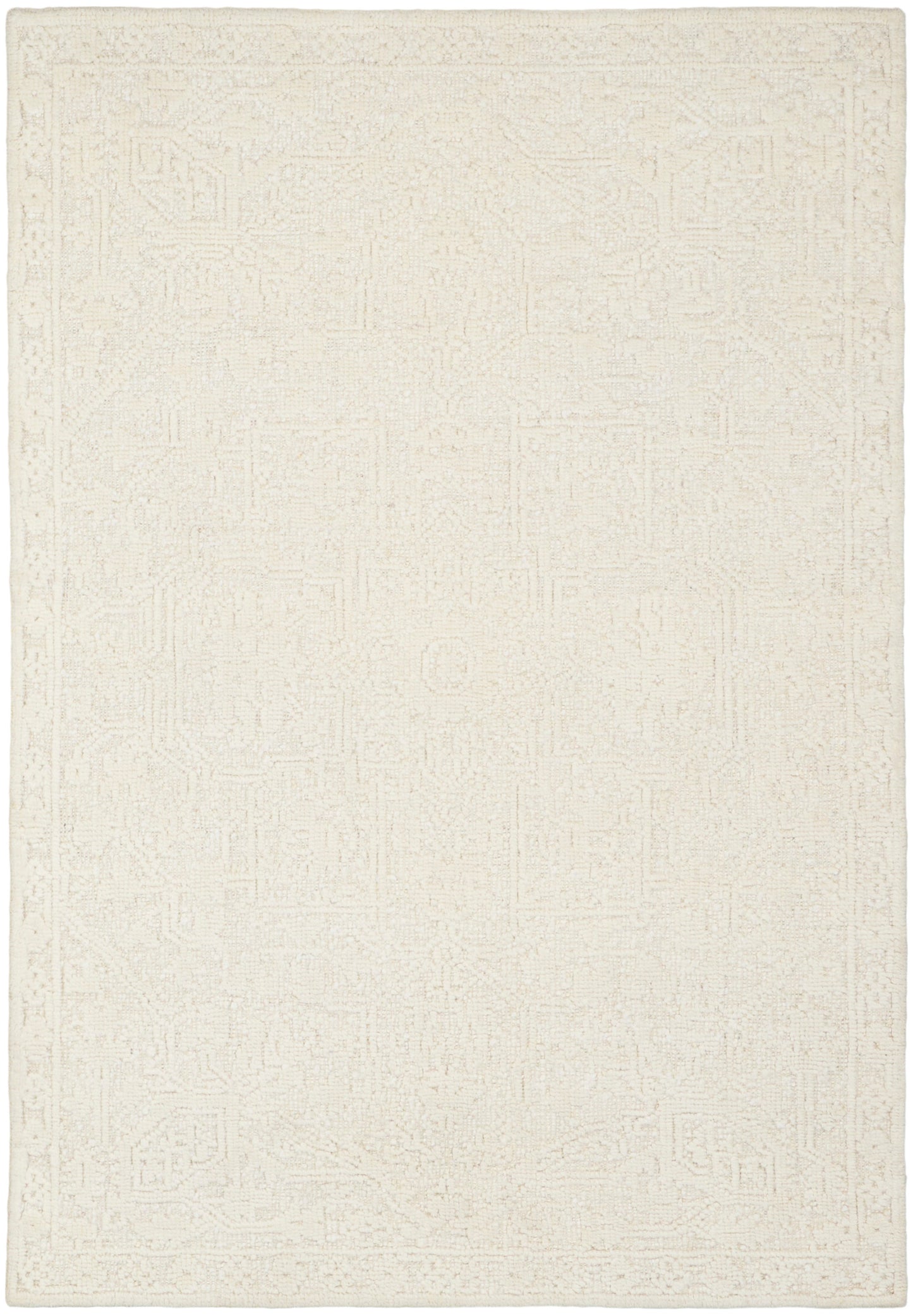 Cream-toned area rug with a faint geometric border; neutral, subtle texture, rectangular, 5' x 8'.