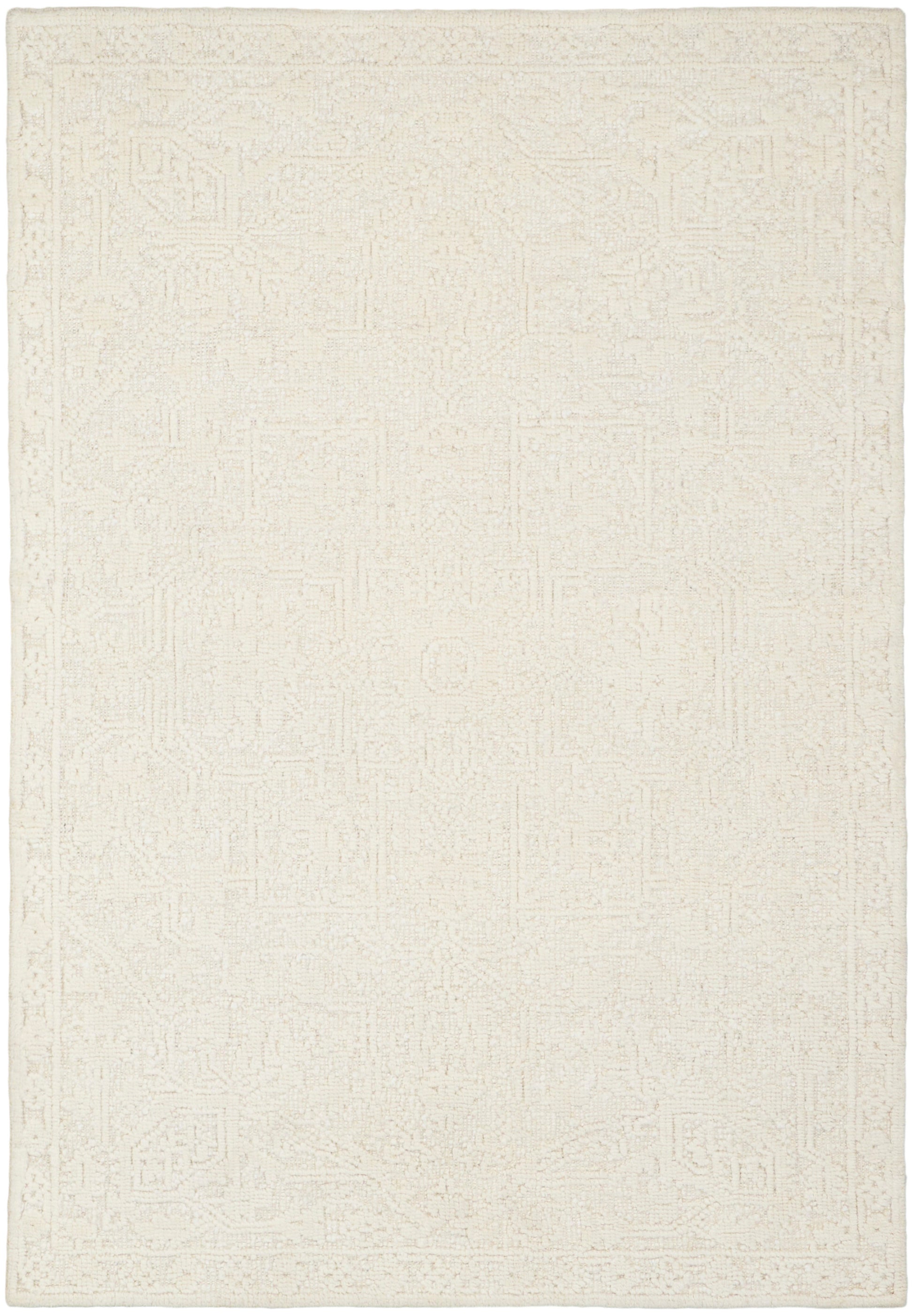 Cream-toned area rug with a faint geometric border; neutral, subtle texture, rectangular, 5' x 8'.