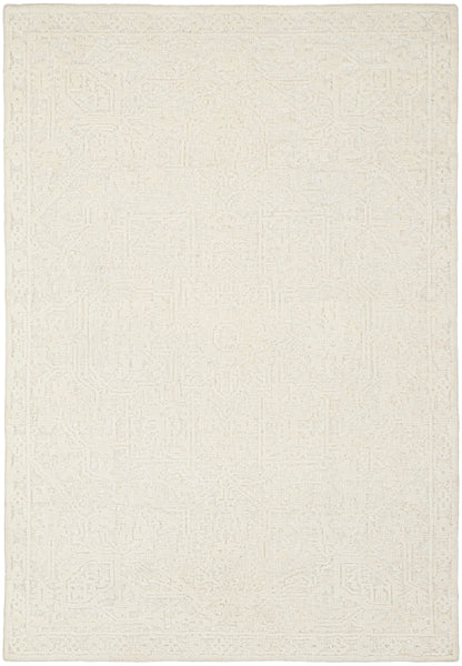 Cream-toned area rug with a faint geometric border; neutral, subtle texture, rectangular, 5' x 8'.