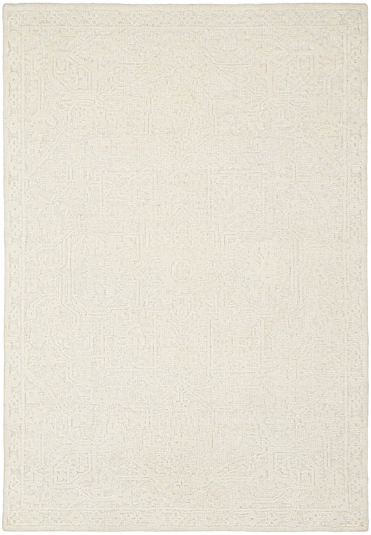 Cream-toned area rug with a faint geometric border; neutral, subtle texture, rectangular, 5' x 8'.