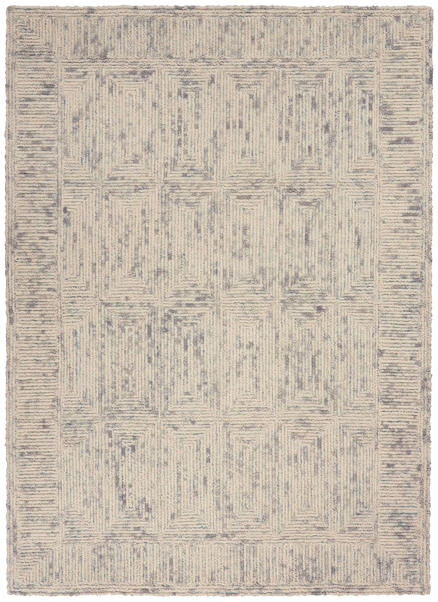 Ivory rug with pale blue-gray geometric grid pattern and border; flat-woven, rectangular, versatile for living room.