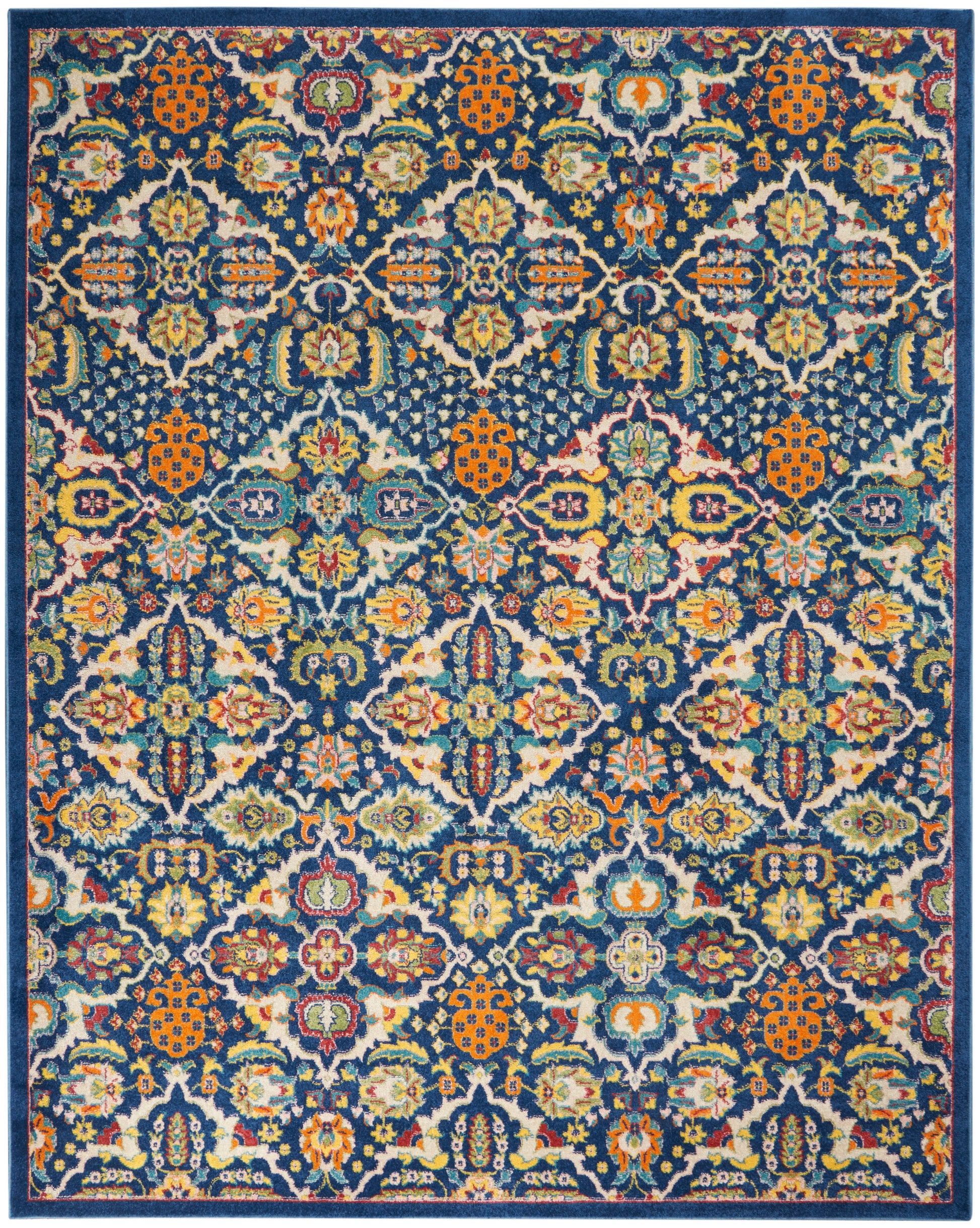 Bohemian-style rug with navy background and multicolor florals in orange, teal, gold and cream; 9' x 12'.