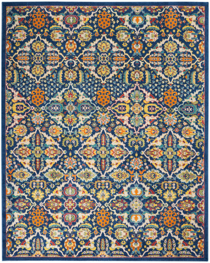 Bohemian-style rug with navy background and multicolor florals in orange, teal, gold and cream; 9' x 12'.